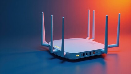 Mesh Wifi Router. White wireless router with six antennas on blue red