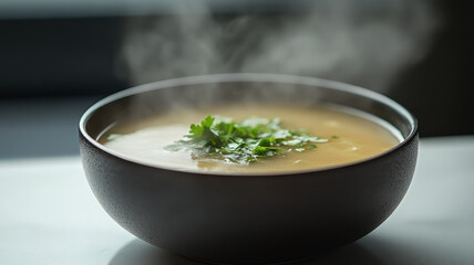 Steaming bowl of soup garnished with fresh cilantro leaves.