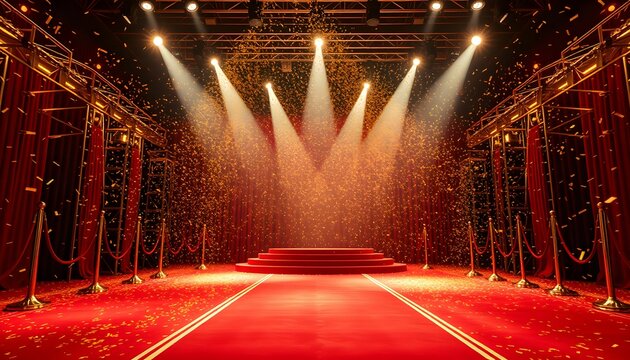 Elegant Red Carpet Event with Spotlights and Confetti Shower