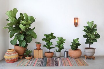 Fiddle Leaf Fig Collection in Terracotta and Concrete Pots on Rug
