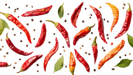 Spicy red and orange chilies with green leaves and black peppercorns create vibrant and flavorful arrangement on transparent background, perfect for culinary themes