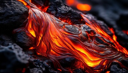 against dark volcanic rock.  Intense, fiery texture. Ideal for dramatic backgrounds and geological themes