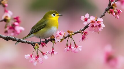 Charming Japanese White eye perched on a delicate cherry blossom branch its bright yellow green feathers glowing against the soft pink petals