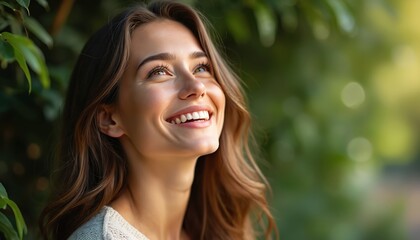Fototapeta premium Close-up portrait of young pretty caucasian woman with long brown hair. Girl is smiling and looking up on sunny spring or summer day. Positive emotions, happiness and wellbeing concept.
