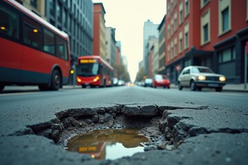 Obraz premium Urban Street Scene Depicting a Pothole Filled with Water, Highlighting Infrastructure Issues in a City Road with Buses and Cars Passing By