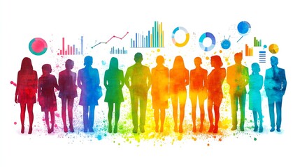 Obraz premium Colorful Business Team Silhouette with Data Visualization and Watercolor Texture