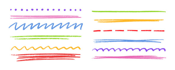Colorful crayon divider set - purple dots, pink strokes, blue zigzag, green lines, orange waves, red dashes with chalk textured effect. Hand drawn underline for borders, highlighting or decoration.
