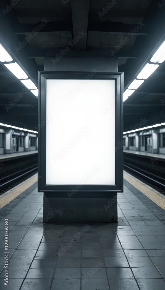 Poster blank advertisement billboard on empty subway platform, illuminated by fluorescent lights. tiled flo