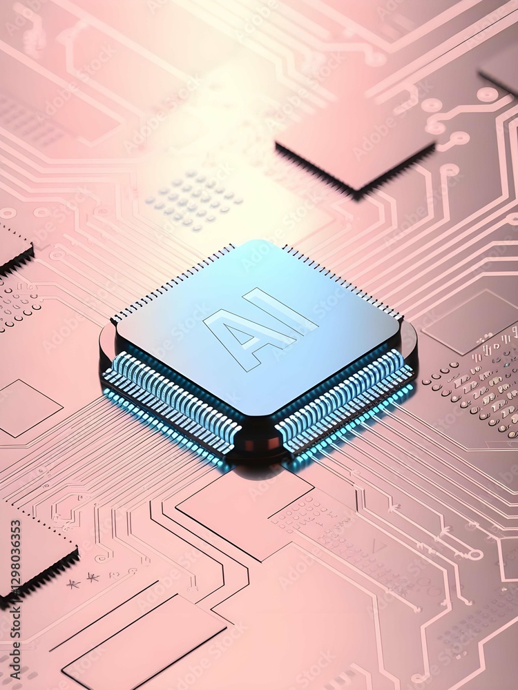 Poster A close-up of an AI chip on a circuit board, showcasing artificial intelligence technology with a futuristic, detailed design