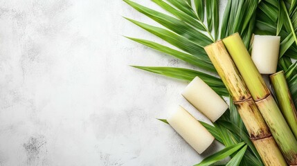 Sugarcane stalks and refined sugar cubes on palm leaves.