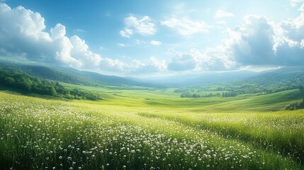 Obraz premium Vibrant spring meadow gradient with lush green fields and soft clouds under a bright blue sky