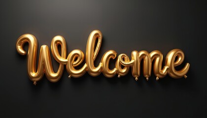 Luxury golden Welcome text on black. Greeting script for events, weddings, holiday promotions and hospitality business. Gold balloon word for anniversary and invitation cards.