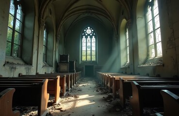 Fototapeta premium Eerie interior of creepy abandoned church, broken stained glass, fallen pews. Sunlight piercing windows illuminates decay. Gothic architecture, haunting atmosphere. Generative AI image for horror,