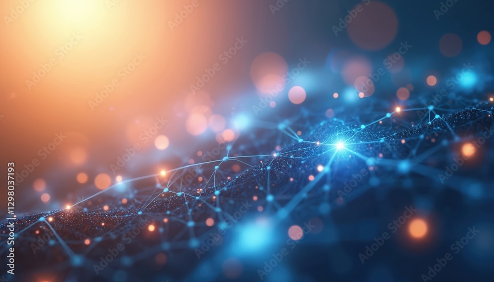 Fototapete abstract glowing network connection lines, nodes in blue, orange as digital tech background. futuris