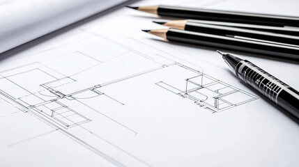 Architectural blueprint with pencils and pen on desk
