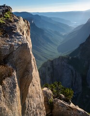 Fototapeta premium Macro mountain cliff edge, sweeping valley view at sunset. Grand & scenic landscape. Ideal for nature, travel, and breathtaking backgrounds.