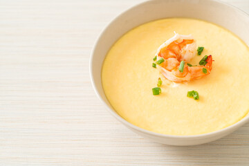 Steamed egg with shrimp and spring onions