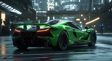 Obraz premium Green sports car, shown from the rear view, with blurred city lights in the background