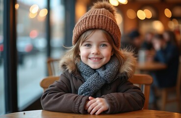 Cute little girl in warm hat, coat sits in cafe near window. Portrait of happy child smiling. Winter fashion, positive emotions, joyful childhood, family time, cozy atmosphere. Brown eyes, kind