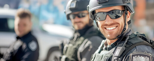 Fototapeta premium Smiling Male Tactical Officer in Helmet and Sunglasses Outdoors 