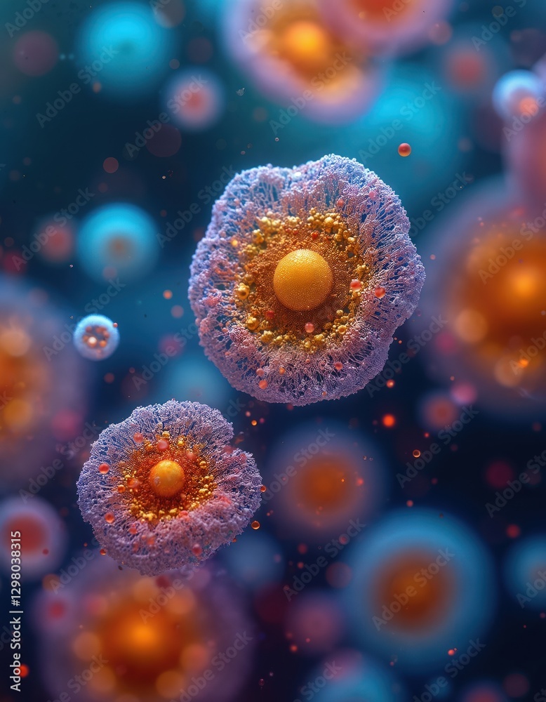 Poster Microscopic view of stem cells displays abstract colorful patterns. Artistic side scientific discovery in lab. Biology, medicine, genetics, vibrant beauty, treatment, potential, genetic research,