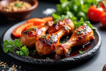 Deliciously Glazed Chicken Drumsticks Served on a Black Plate with Fresh Vegetables, Highlighting Flavors from a Vibrant Culinary Experience