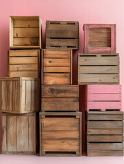 Stacked wooden crates against a pink background.