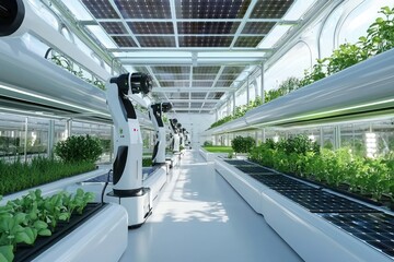 Fototapeta premium Robots and solar power synergize in advanced greenhouse farming.