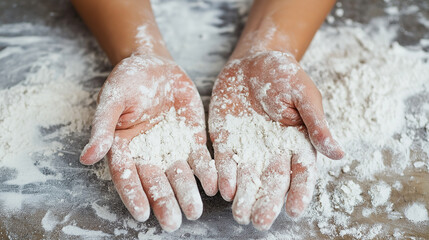 Hands covered in flour during baking preparation