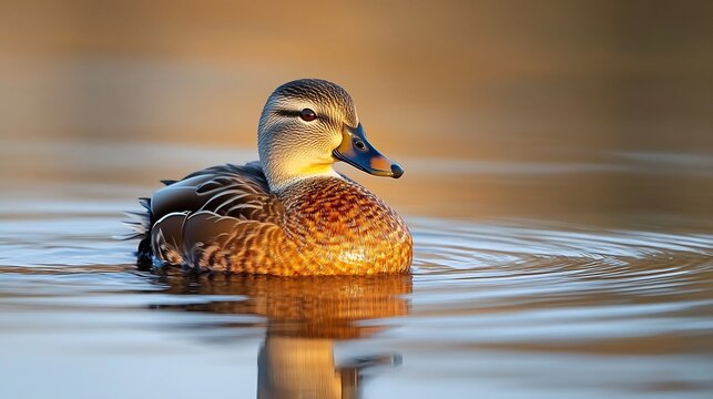 Charming Whistling Duck floating on a calm pond its warm brown feathers glowing in the soft morning light a gentle ripple trailing behind it