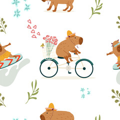 Seamless pattern with cute capybara, hand drawn vector.