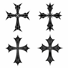 Obraz premium A heavily stylized black cross with angular, geometric shapes. The arms are notched and segmented, adding depth to the design