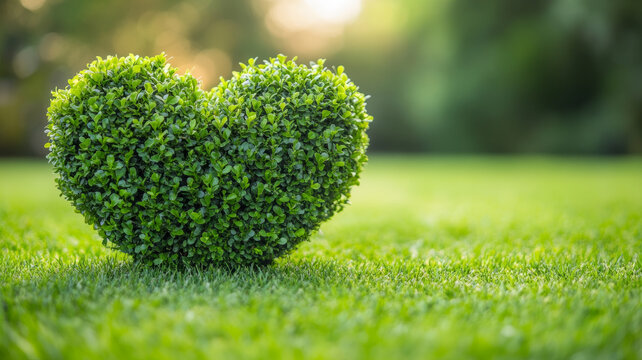Heart-shaped topiary on a lush green lawn in sunlight.
