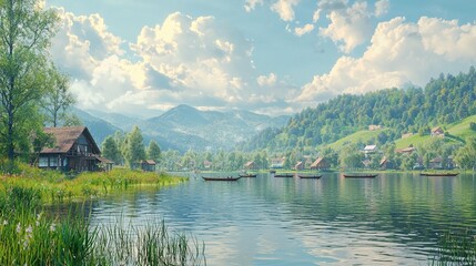 Obraz premium Lake Houses, Boats, and Mountains