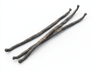 Dried natural vanilla pods arranged on a clean white background highlighting their unique textures and shapes for culinary and aromatic uses