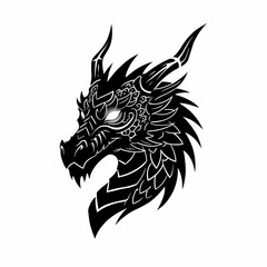 dragon head in tribal vector silhouette style, with jagged scales, flame-like details, and glowing empty eyes, creating a mythical aura