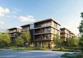 Modern Light Wood Apartment Building Exterior Architectural Rendering