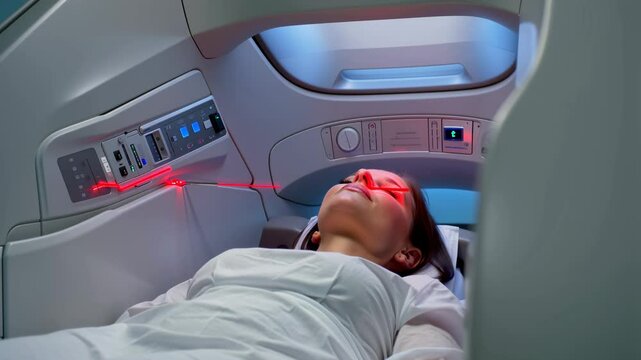 Patient Undergoing Advanced Medical Imaging Procedure. Female patient inside a high-tech medical scanner with red laser alignment.
