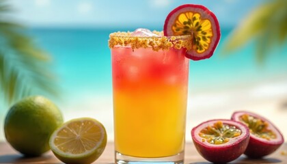 Mai Tai cocktail with passionfruit slice, sugar crust, lemon, lime. Refreshing tropical alcoholic beverage in glass with crushed ice on ocean beach bar table.