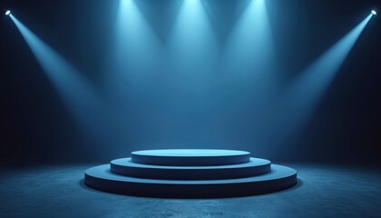 Three-tiered stage illuminated by spotlights in blue ambiance. Round podium with glowing light, perfect for presentations, product displays, performances. Round dais emphasizes achievement, victory,