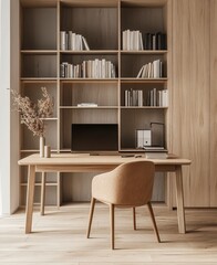 Neutral Home Office with Wooden Desk and Tan Chair