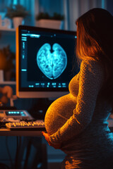 エコー検査を受ける妊婦と胎児の脳スキャン画像