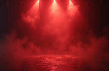 Dramatic stage light with red fog background. Dark red smoky room interior with three spotlights. Abstract studio shot with creative artistic floor texture for design project.