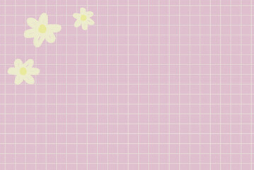 Naklejka premium Cute backdrop. Pink checkered background with copy space and decorated with chalk daisies
