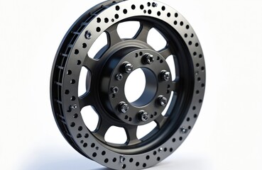 Fototapeta premium High-performance motorcycle disc brake isolated on white background. Replacement part ensures safe moto vehicle braking, stopping power. Mechanical gear rotor crafted for automotive, transportation