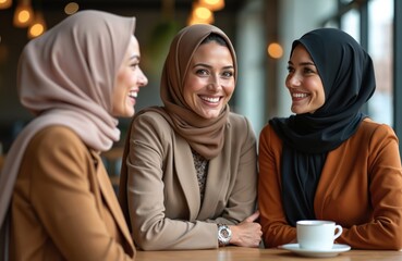 Three elegant muslim businesswomen talk, smile in cafe. Middle-eastern girls wear headscarves, hijab, stylish modern suits. Friends at meeting positive conversation, drink tea. Empowerment, diverse