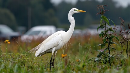 Fototapeta premium Great egret in field, cars blurred background, wildlife nature photography, stock image