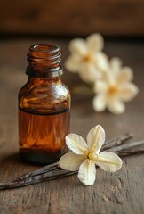 Elegant amber bottle of essential oil with delicate white flowers and vanilla pod on rustic wooden background for relaxation and aromatherapy themes