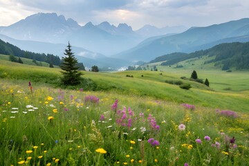 Rolling Green Meadow Filled with Colorful Wildflowers and Mountains