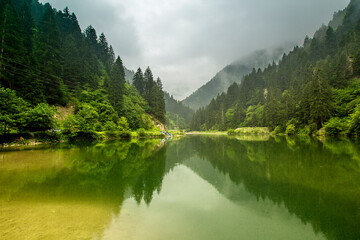 Fototapeta premium Trabzon Rize Blacksea area Turkey Serene Mountain Lake Reflecting Misty Mountains. A tranquil lake nestled in a valley surrounded by lush green forests and misty mountains.